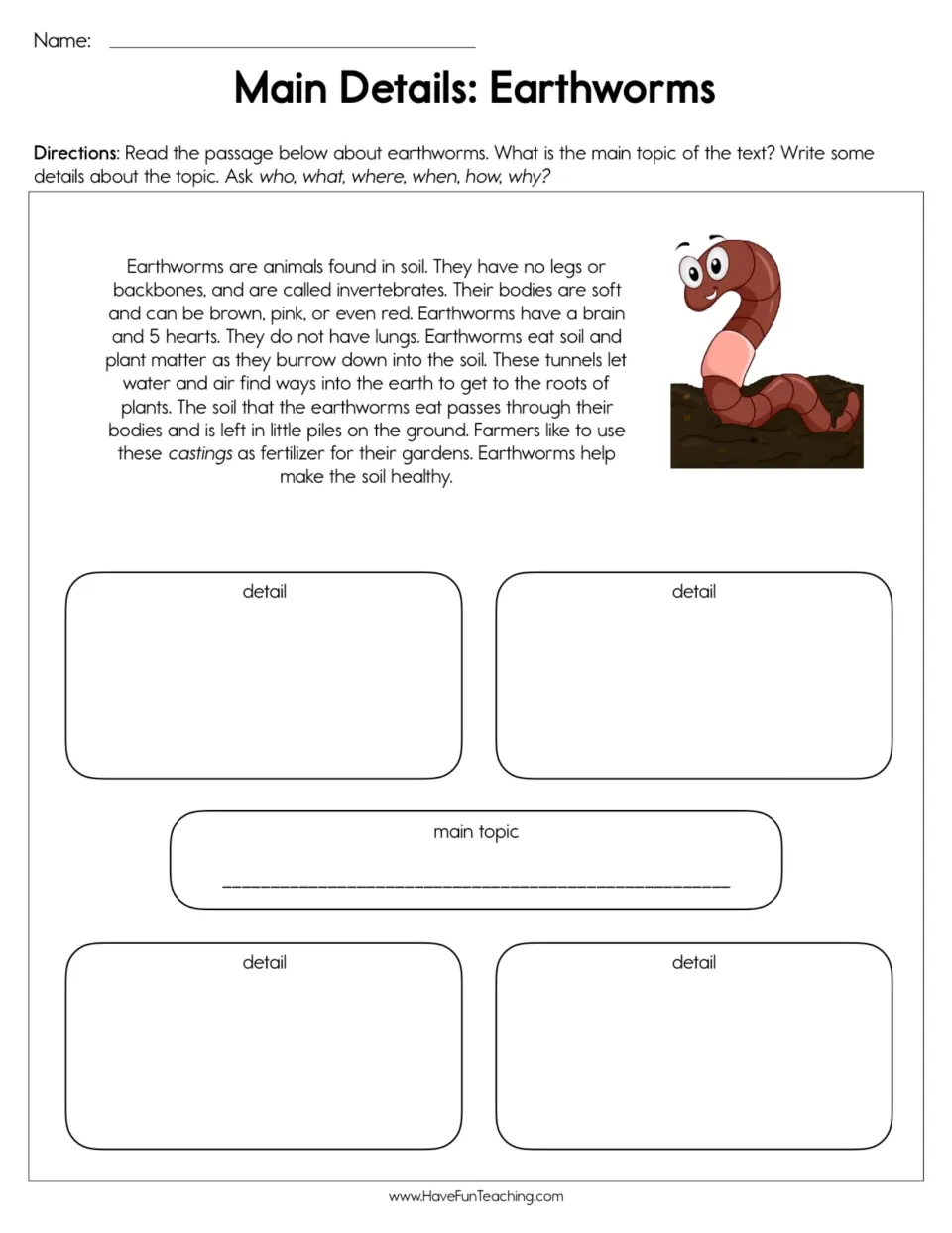 Earthworms passage: students read about soil, bodies and castings, then write the main topic and four details