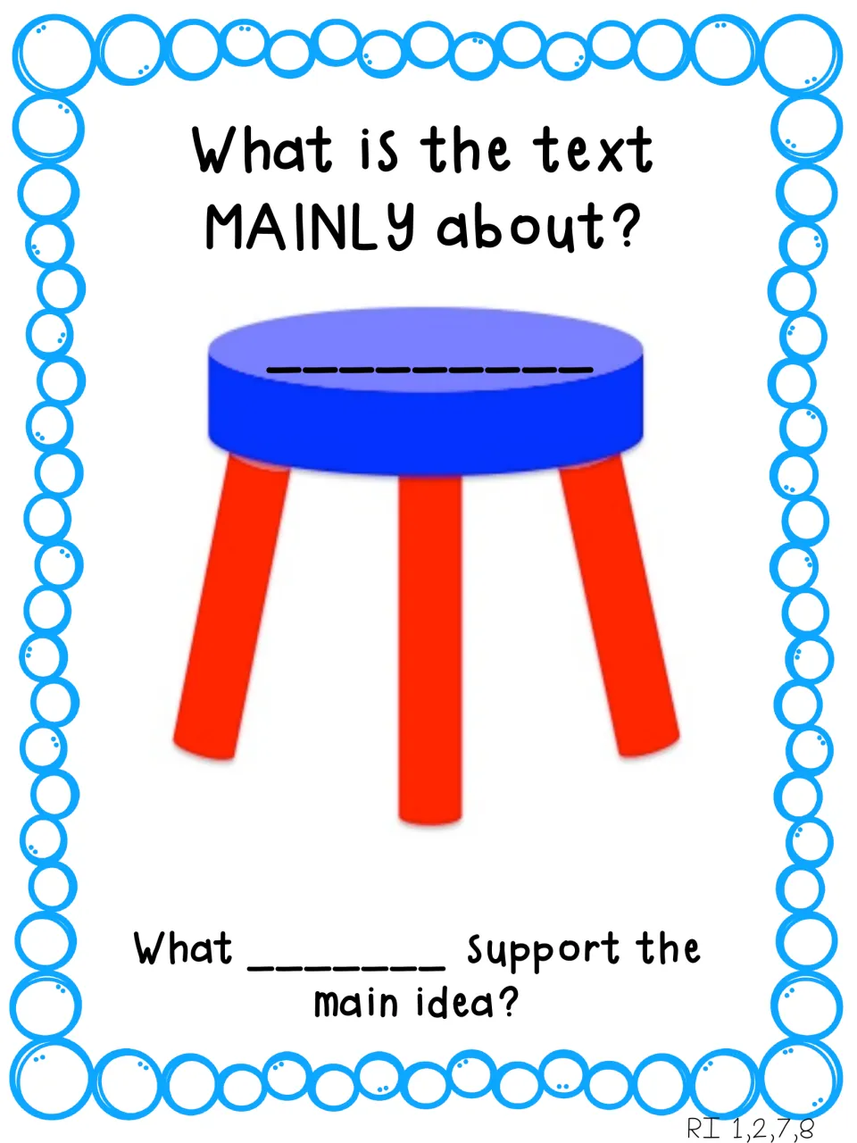 Main idea stool fill-in: blank seat and unlabeled legs for students to label, plus a missing word in the details question