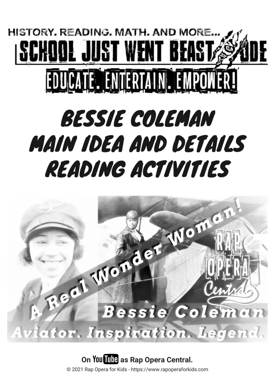 Bessie Coleman main idea and details reading activities cover with photos of the aviator and a 'Real Wonder Woman' banner