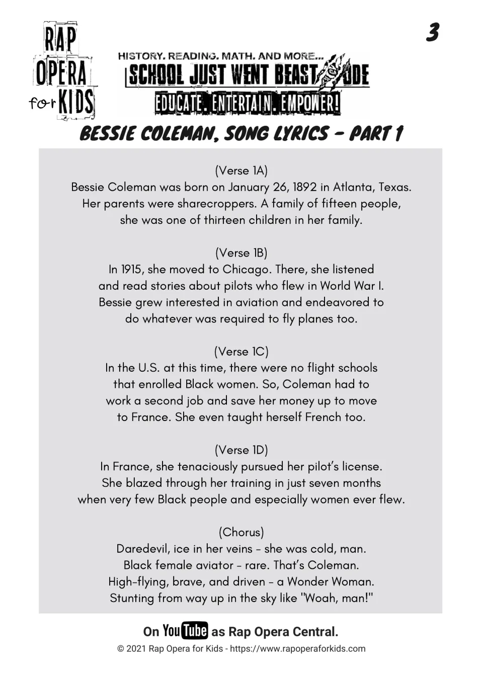 Bessie Coleman song lyrics part 1: verses on her Texas birth, Chicago move, saving for France and fast flight training