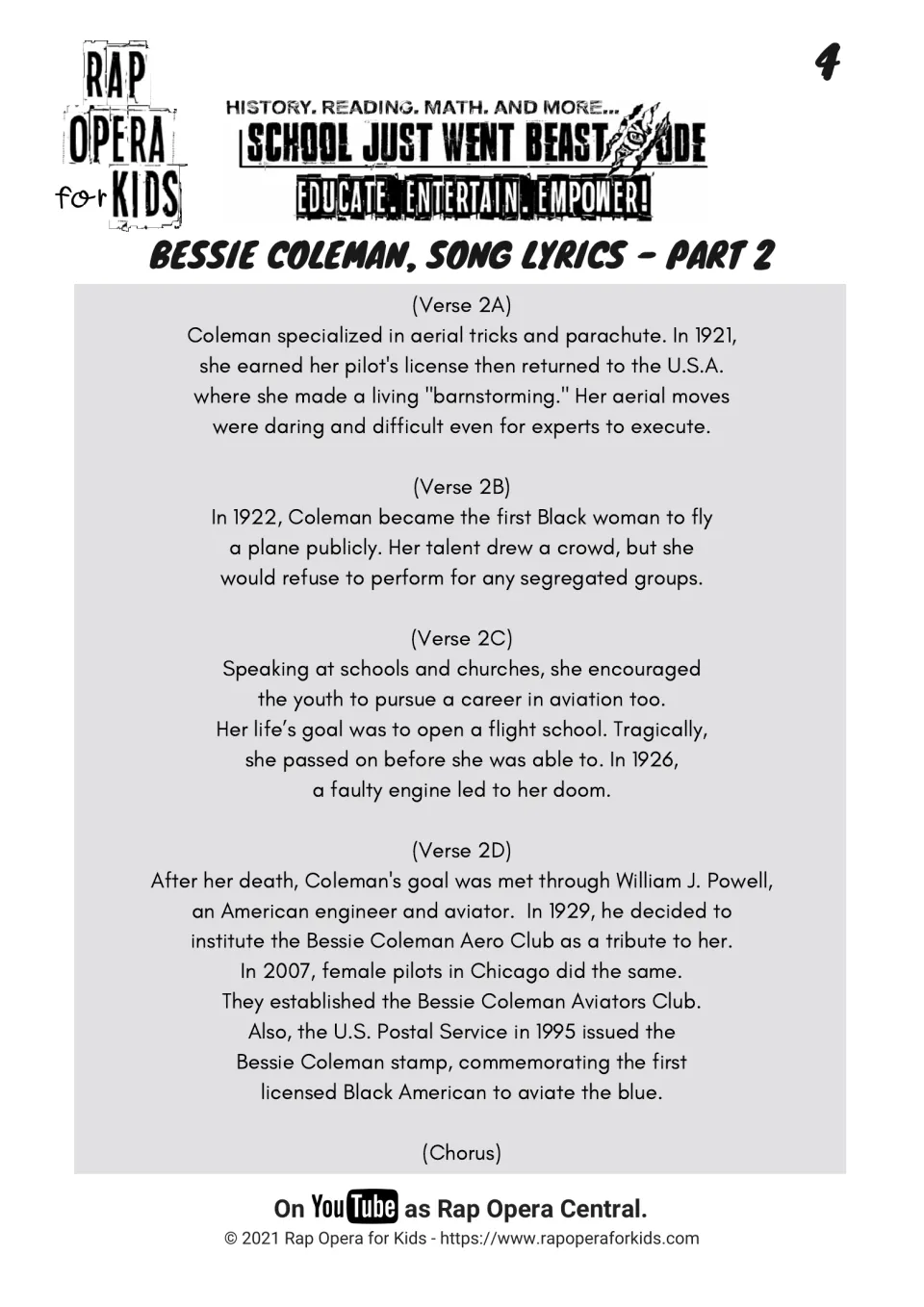 Bessie Coleman song lyrics part 2: verses on barnstorming, her 1922 public flight, her 1926 death and later tributes
