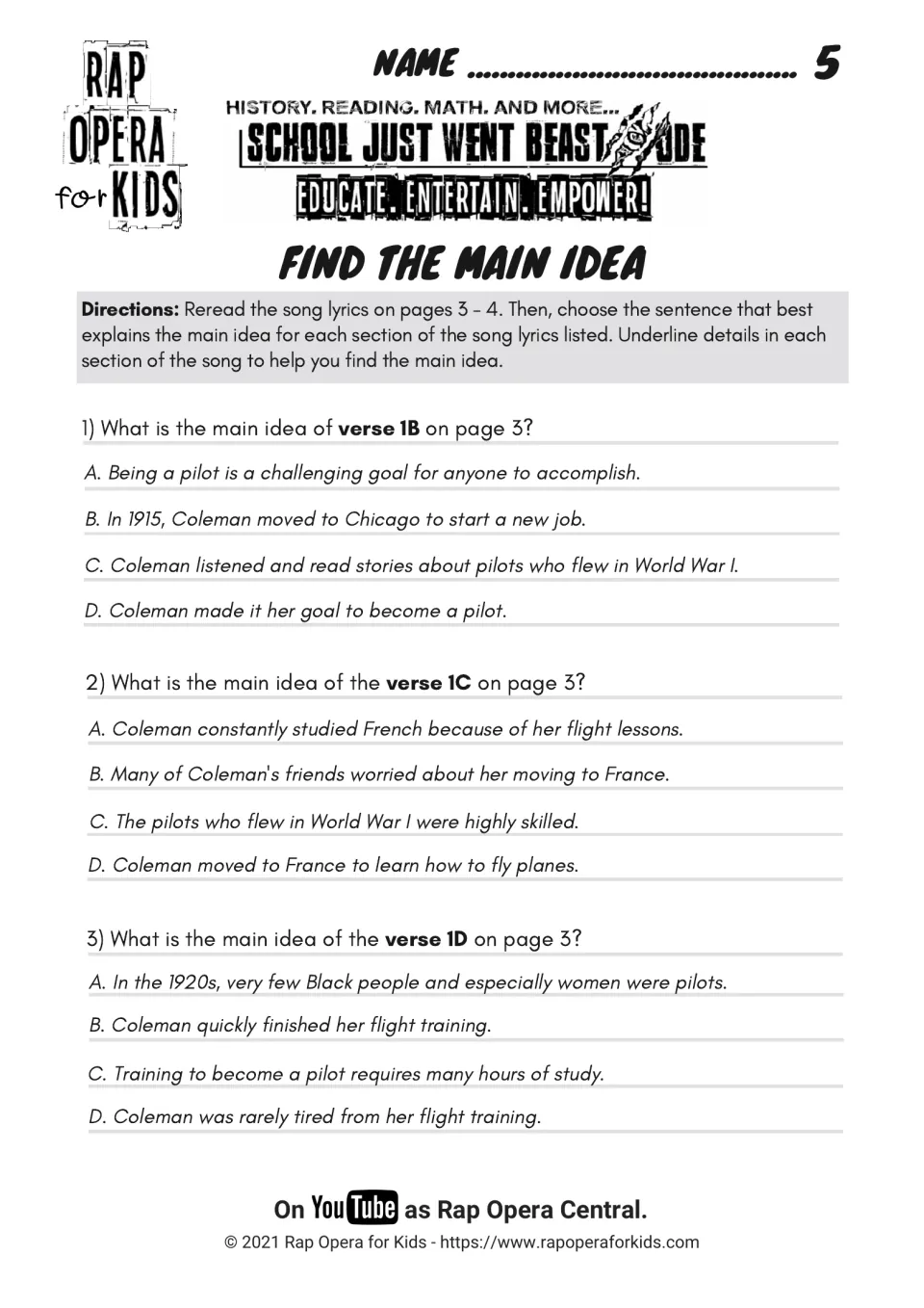 Find the main idea: three multiple-choice questions ask students to pick the best main idea for verses 1B, 1C and 1D