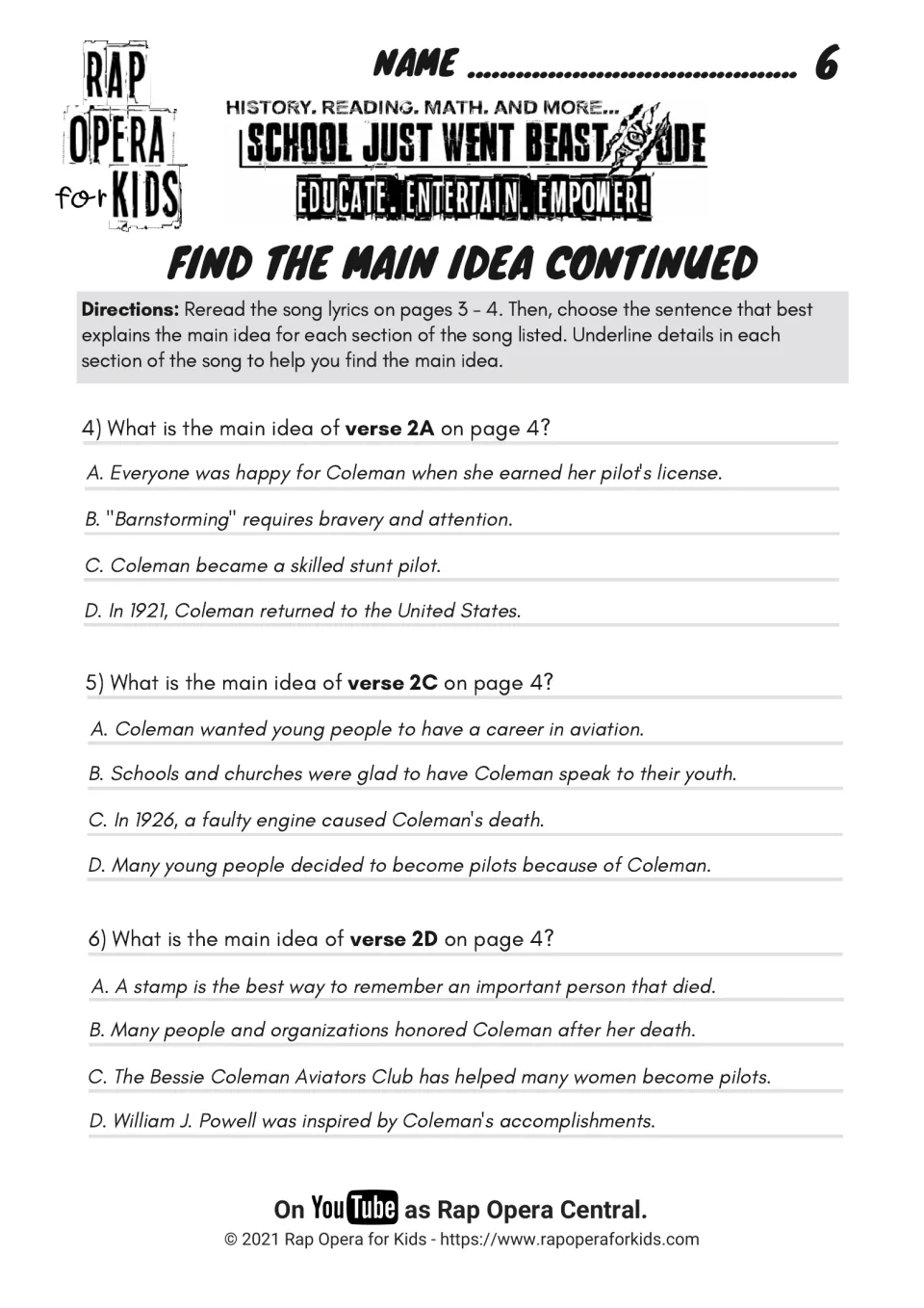 Find the main idea continued: students choose the main idea of verses 2A, 2C and 2D on stunts, youth outreach and honors