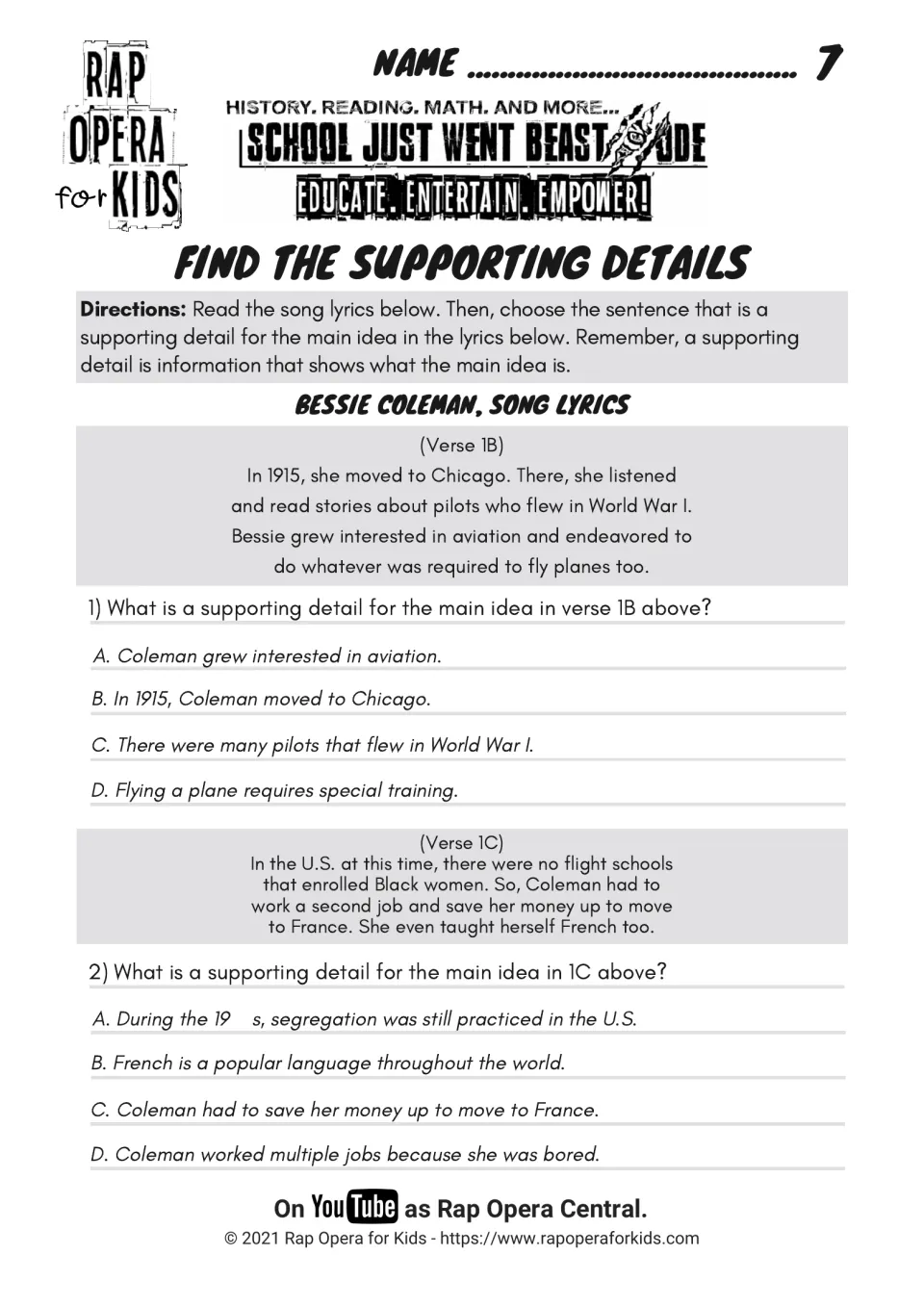 Find the supporting details: students reread verses 1B and 1C and pick the detail that supports each main idea