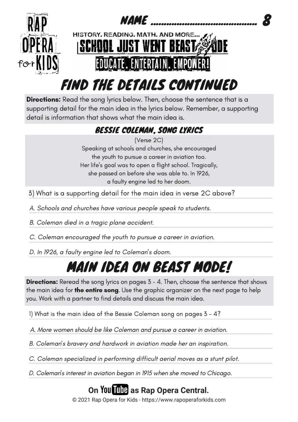 Supporting detail question on verse 2C, then a Main Idea on Beast Mode partner task picking the main idea of the whole song