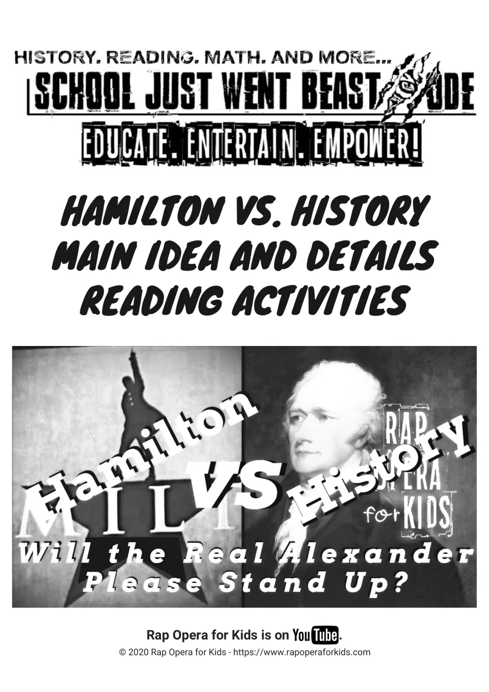 Reading packet cover: Hamilton vs. History main idea and details activities comparing the musical and history