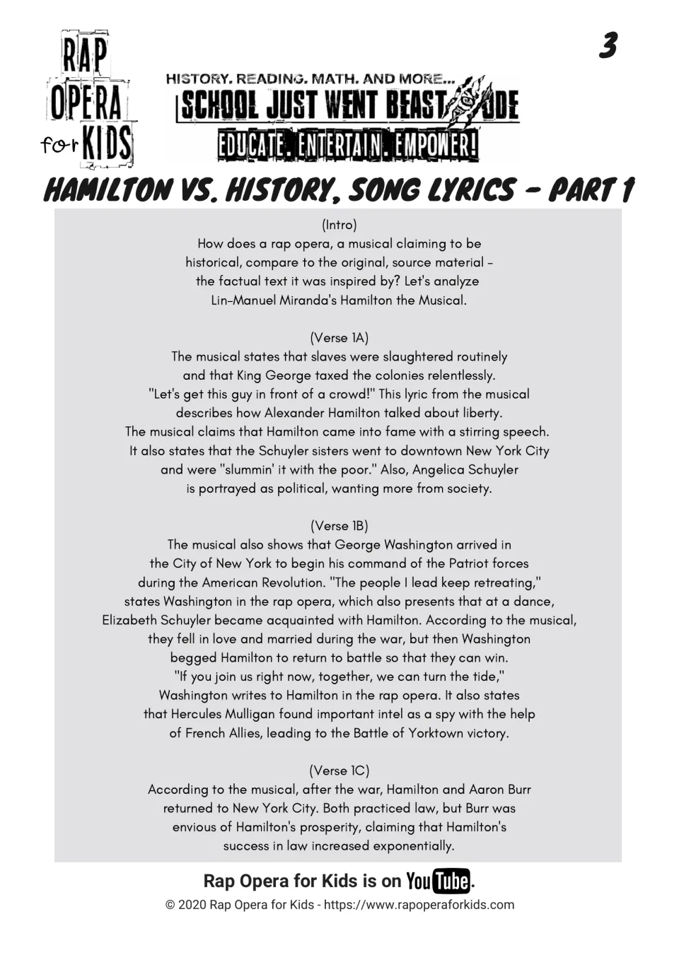Song lyrics part 1 introduces the comparison and recounts the musical's portrayal of Hamilton and the Revolution