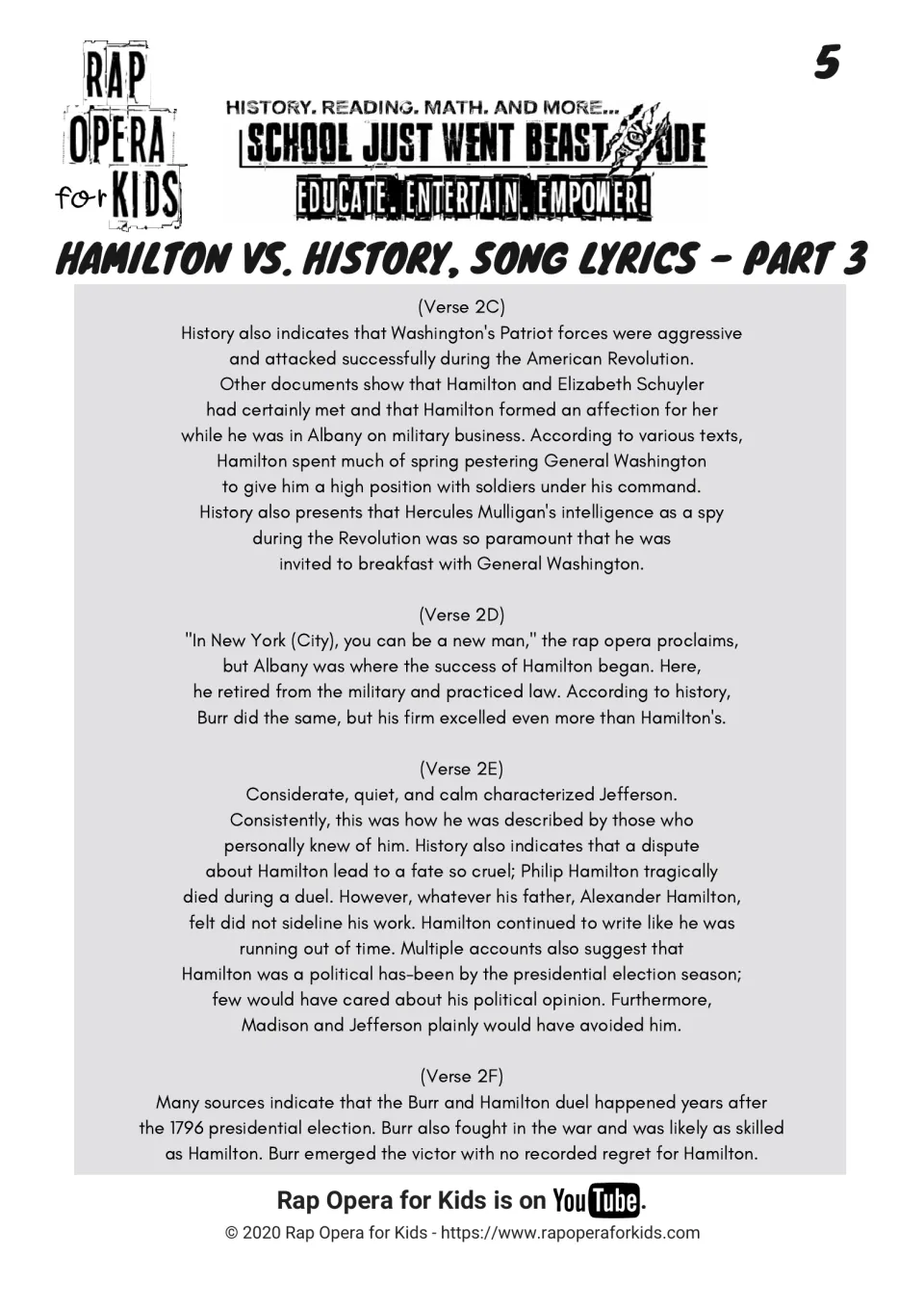 Song lyrics part 3 presents historical accounts of Hamilton's military service, law career, family, and duel