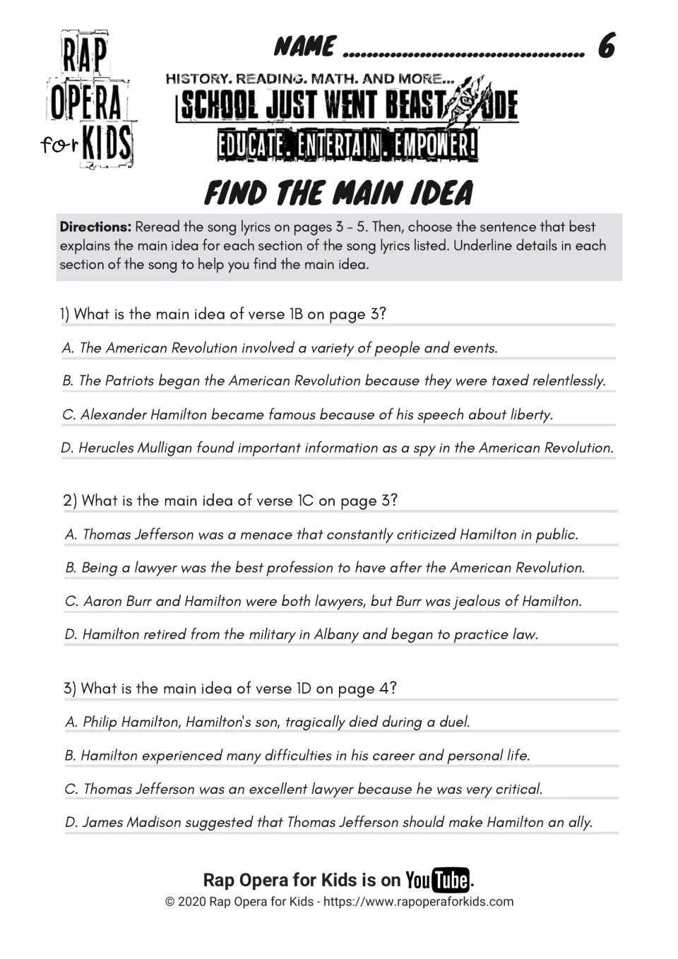 Main idea questions 1–3 cover the Revolution, Hamilton and Burr as lawyers, and Hamilton's personal difficulties