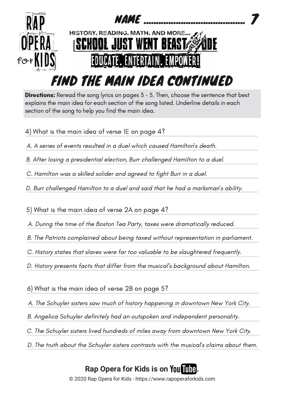 Main idea questions 4–6 address Hamilton's fatal duel and historical contrasts involving the Schuyler sisters