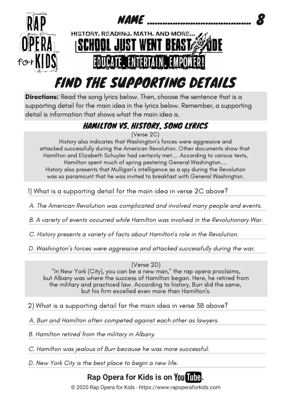 Supporting detail questions 1–2 use lyric excerpts about the Revolution and Hamilton's law career in Albany