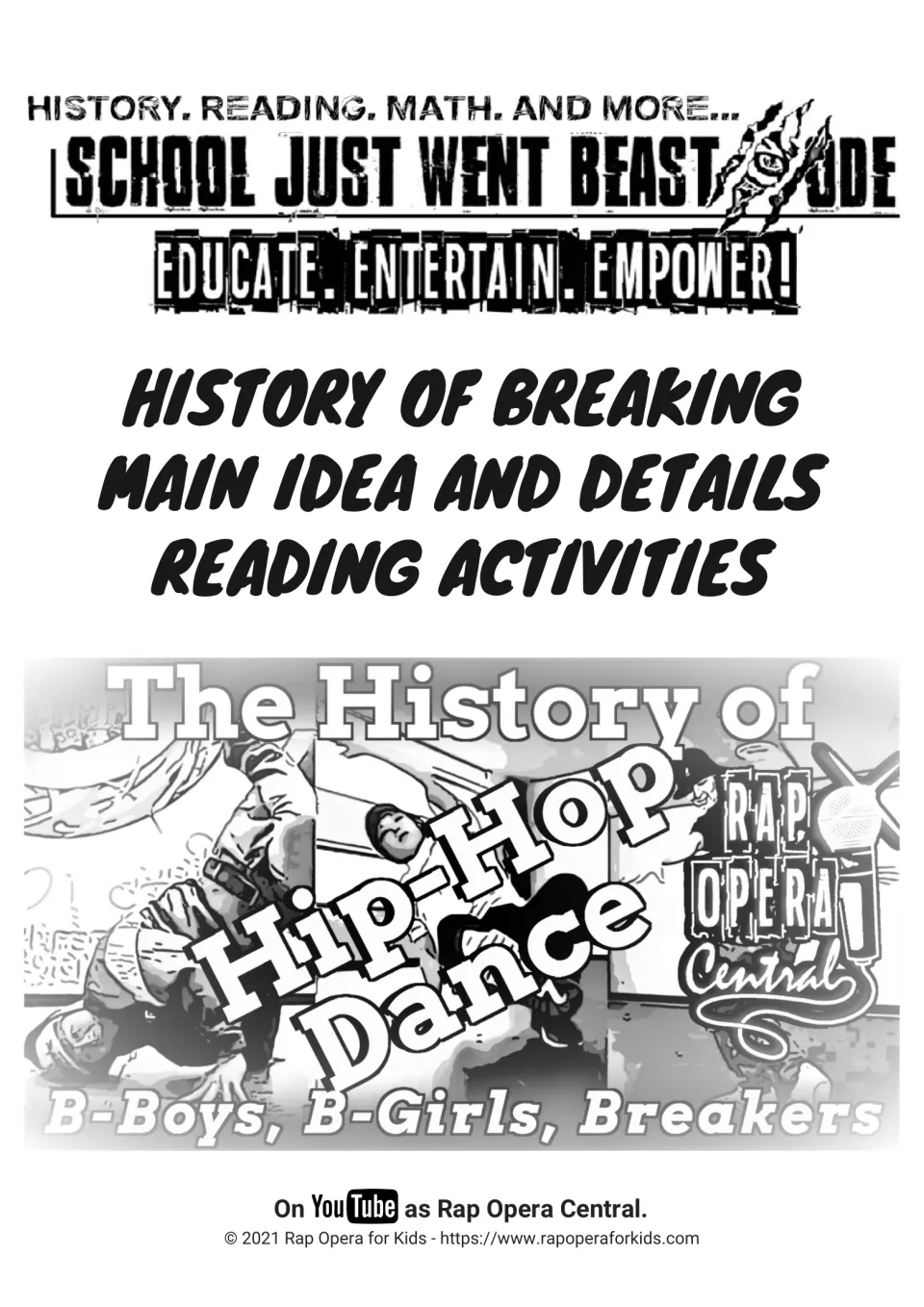 Cover for history of breaking reading activities on main idea and details, featuring B-Boys and B-Girls