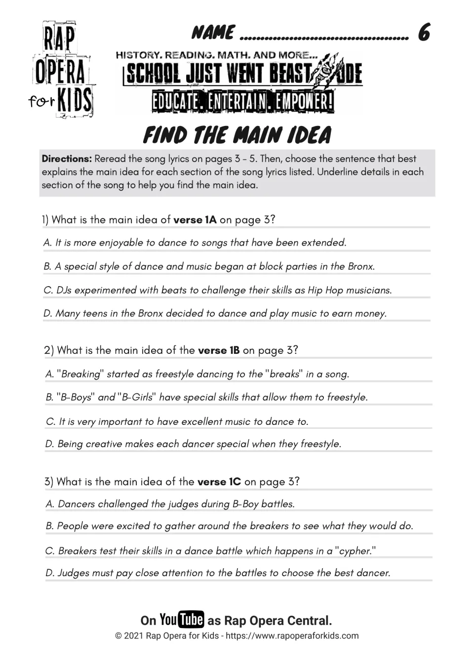 Main idea questions 1–3 ask about verses on Bronx block parties, freestyle dancing to breaks, and battles