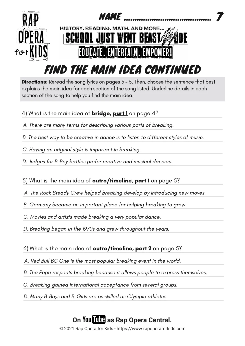 Main idea questions 4–6 cover original style, breaking's growth over time, and international acceptance