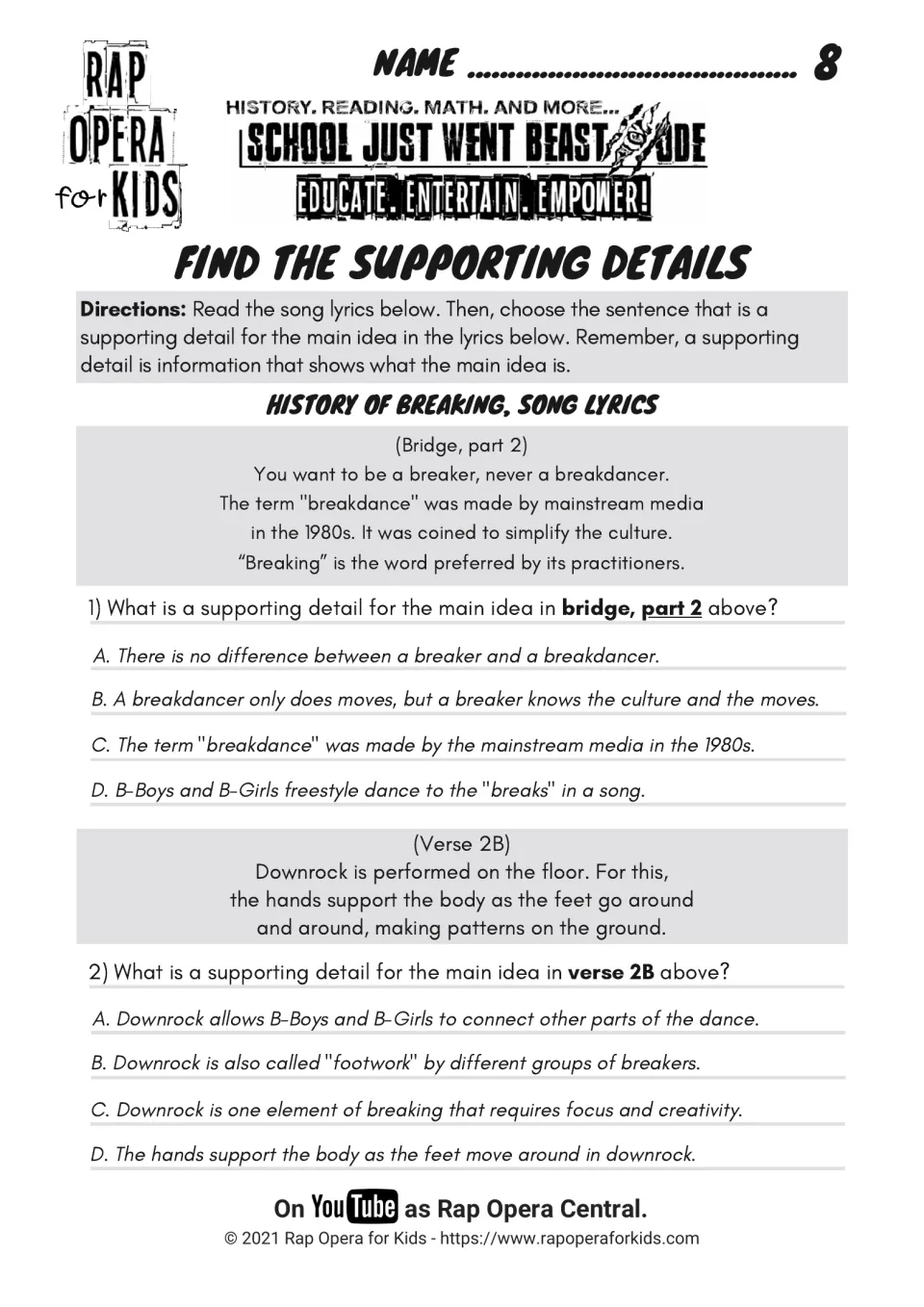 Supporting detail questions 1–2 use lyric excerpts about the media's term breakdance and downrock movements