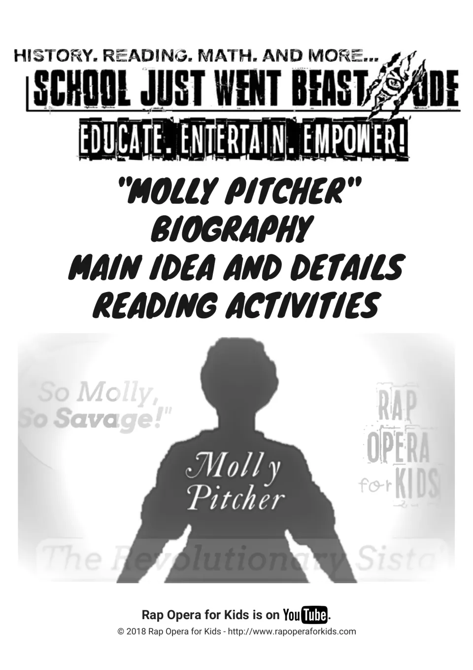Cover: Molly Pitcher biography main idea and details reading activities from Rap Opera for Kids, with a silhouette image