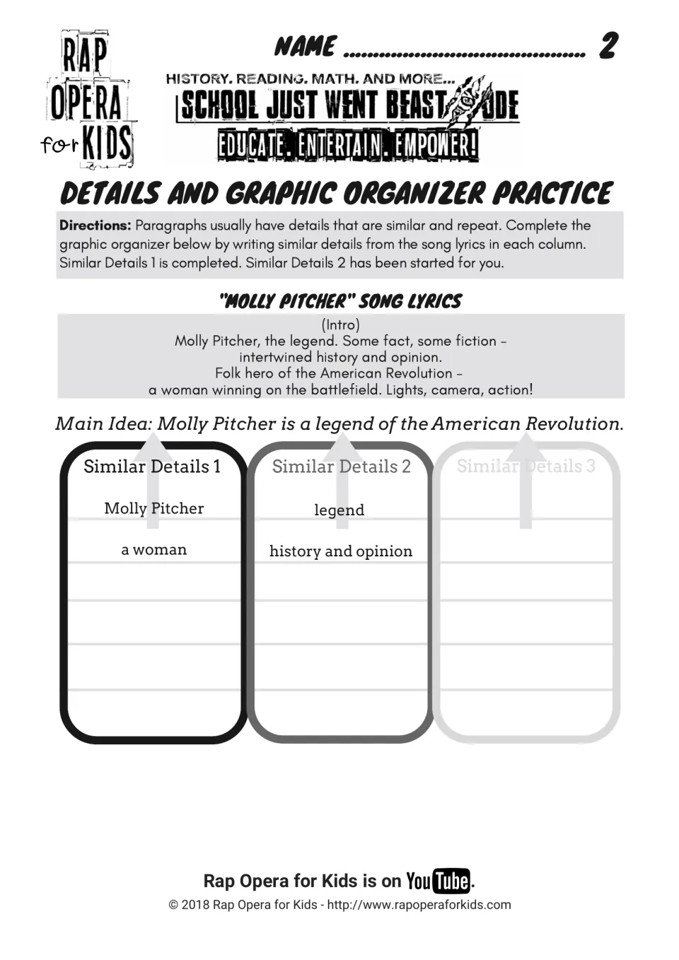 Details practice: students sort repeated details from the song intro into a graphic organizer under a given main idea