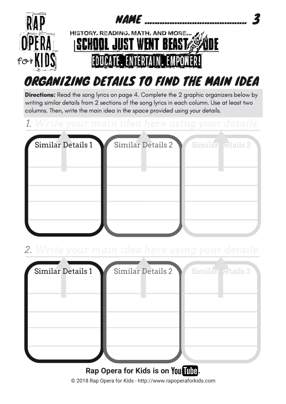 Organizing details: students record similar details from 2 sections of the lyrics, then write a main idea for each set