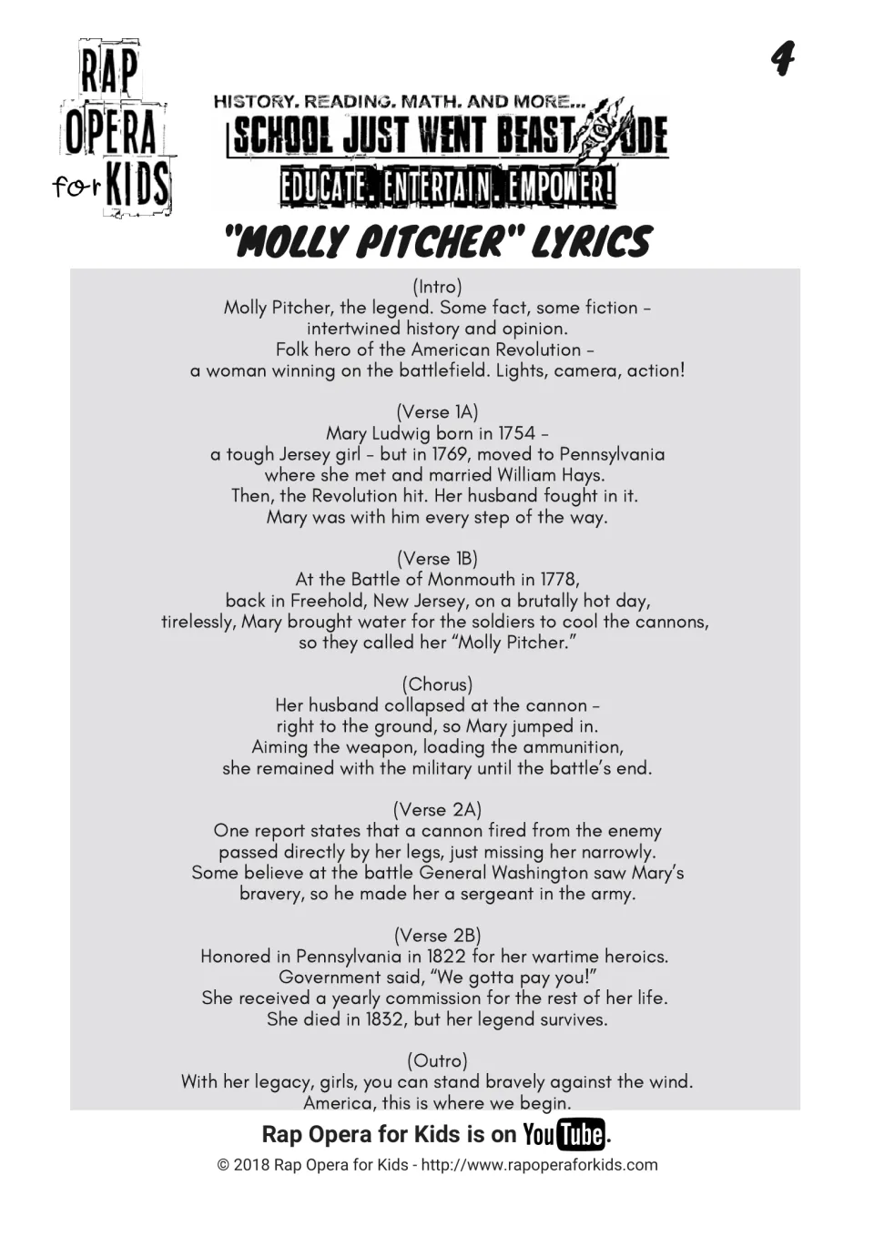 Molly Pitcher song lyrics: intro, verses, chorus and outro tracing Mary Ludwig's life and the 1778 Battle of Monmouth