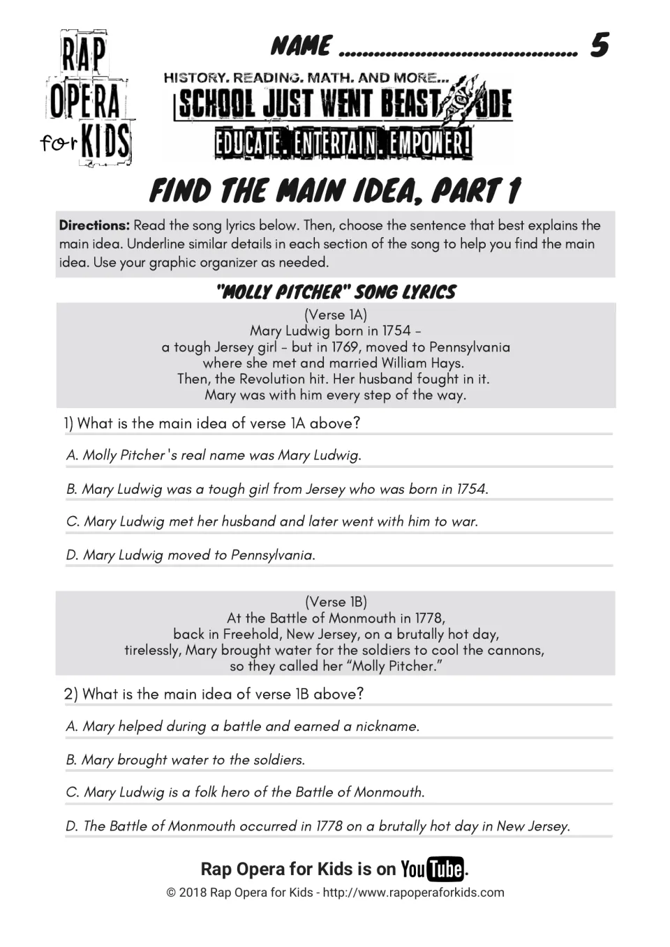 Find the main idea, part 1: students underline details in verses 1A and 1B, then pick the main idea of each from 4 choices
