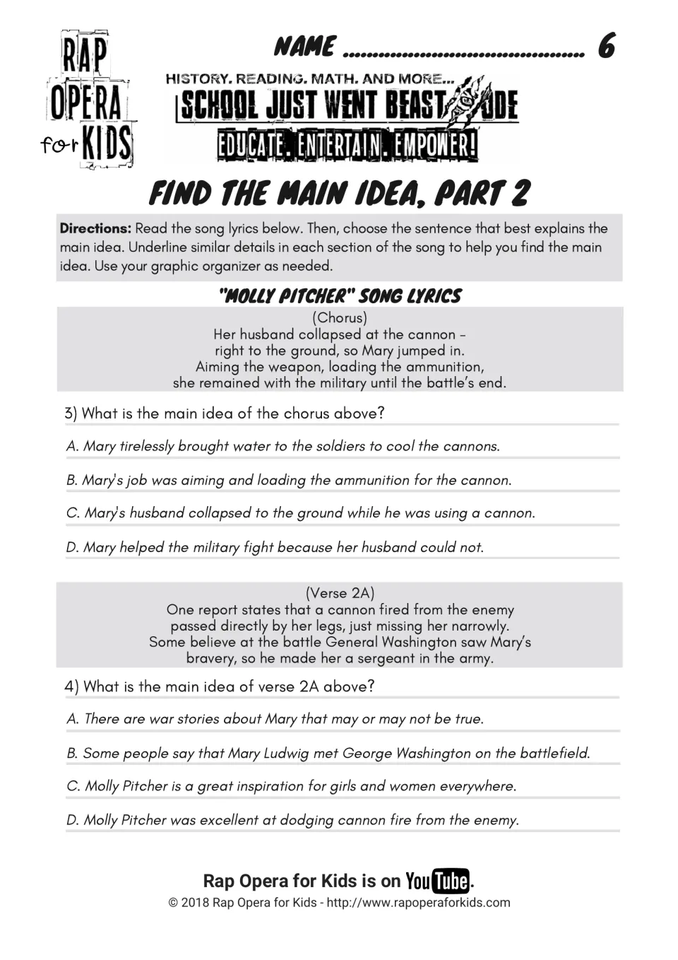 Find the main idea, part 2: students read the chorus and verse 2A about the battle, then choose each section's main idea
