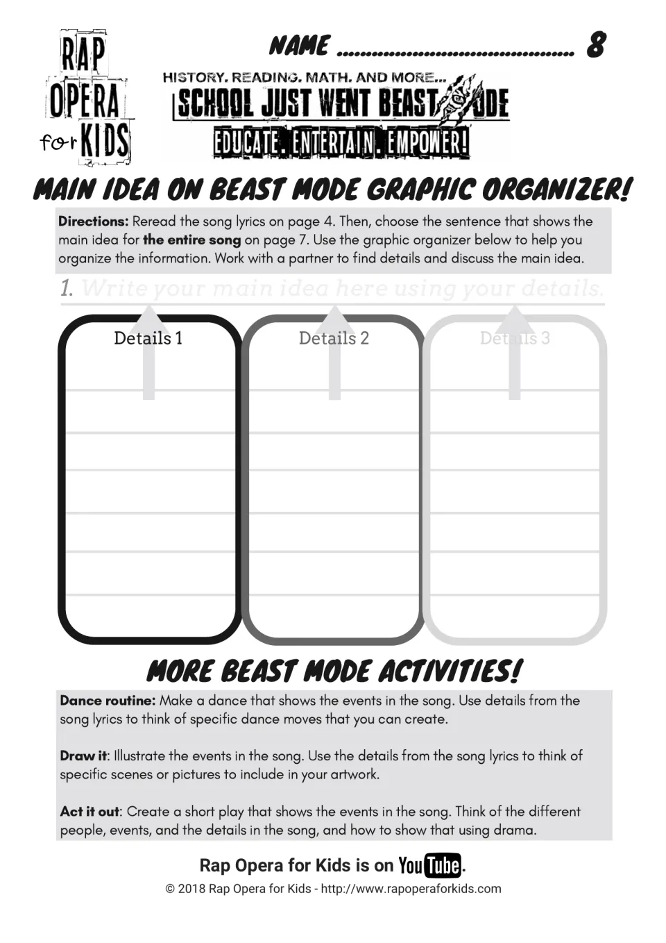 Whole-song details organizer for writing the main idea, plus options to create a dance, draw the events or act out a play