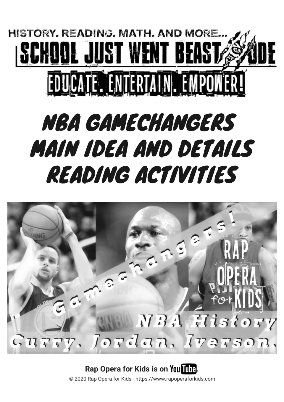 NBA Gamechangers main idea and details reading activities cover with photos of Curry, Jordan and Iverson
