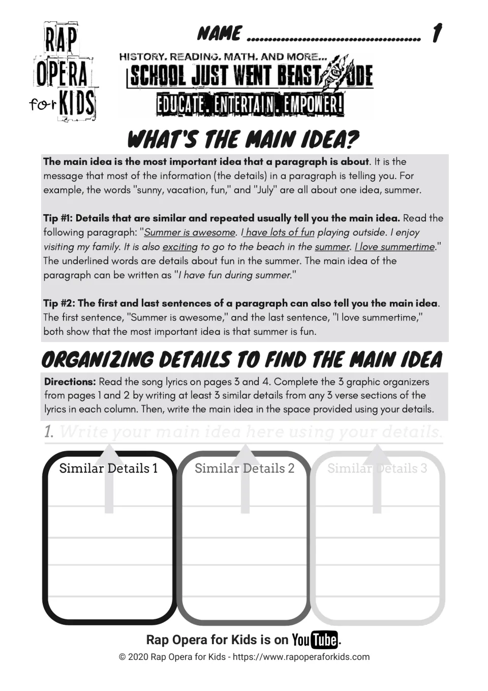 What's the main idea? Two tips on finding it, then students list similar song-lyric details to write a main idea