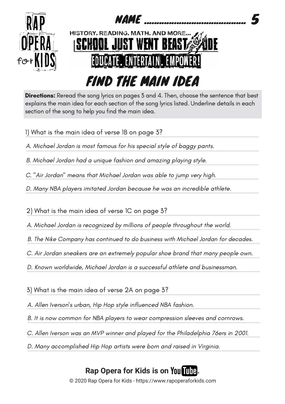 Find the main idea: three multiple-choice questions on verses 1B, 1C and 2A about Jordan's style and Iverson