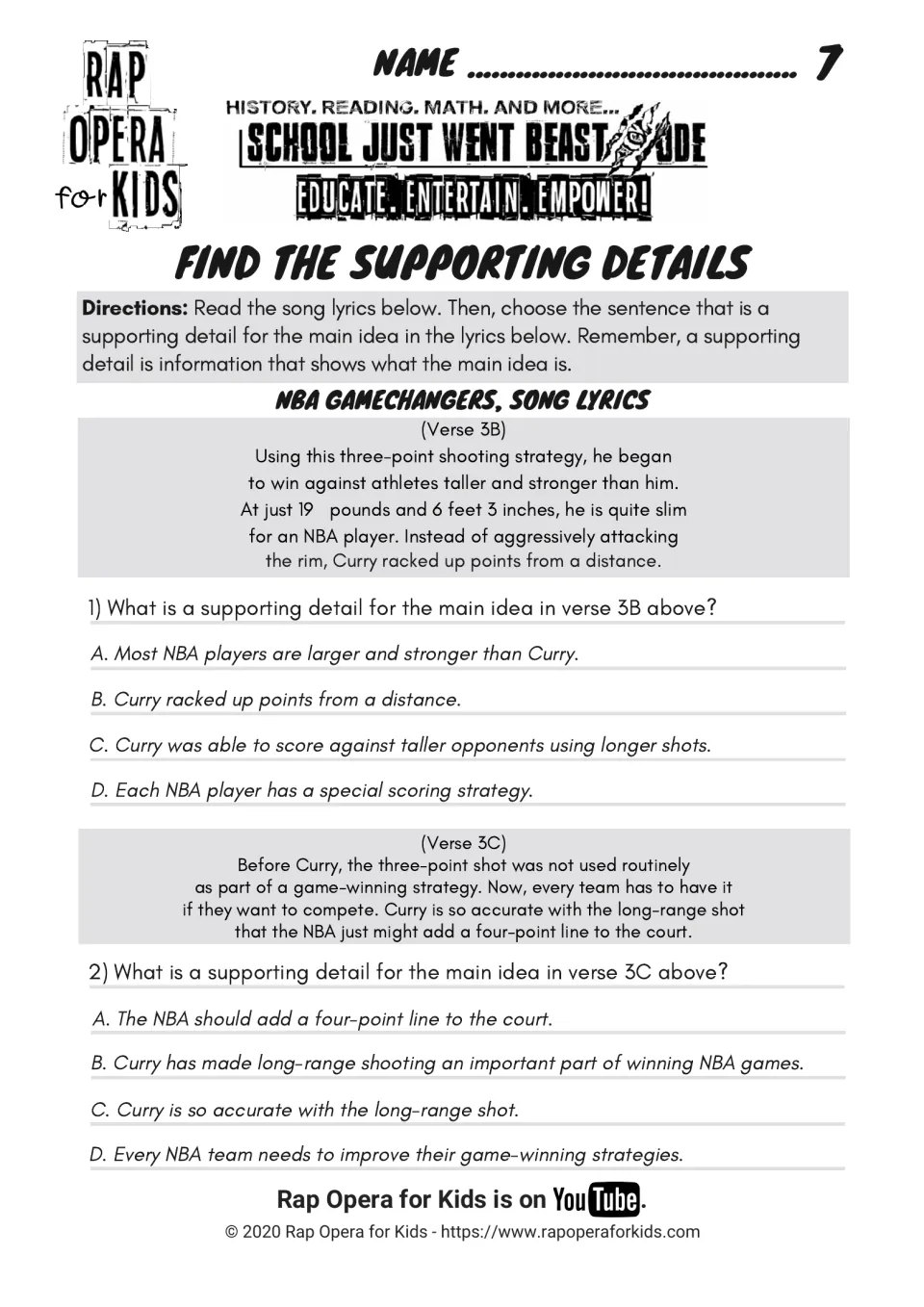Find the supporting details: students reread Curry verses 3B and 3C and pick the detail that backs each main idea