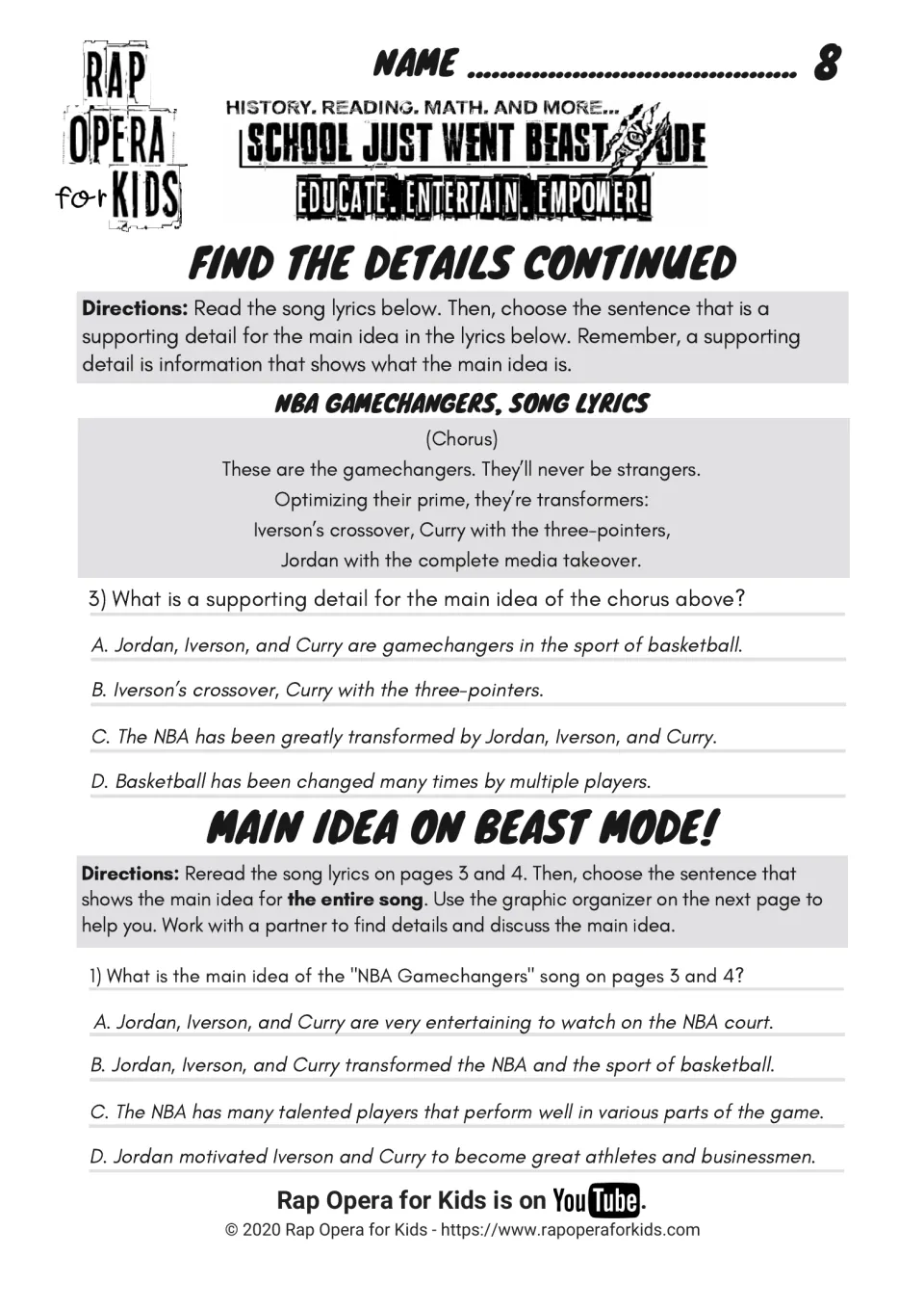 Supporting detail question on the chorus, then Main Idea on Beast Mode! asks partners to pick the whole song's main idea