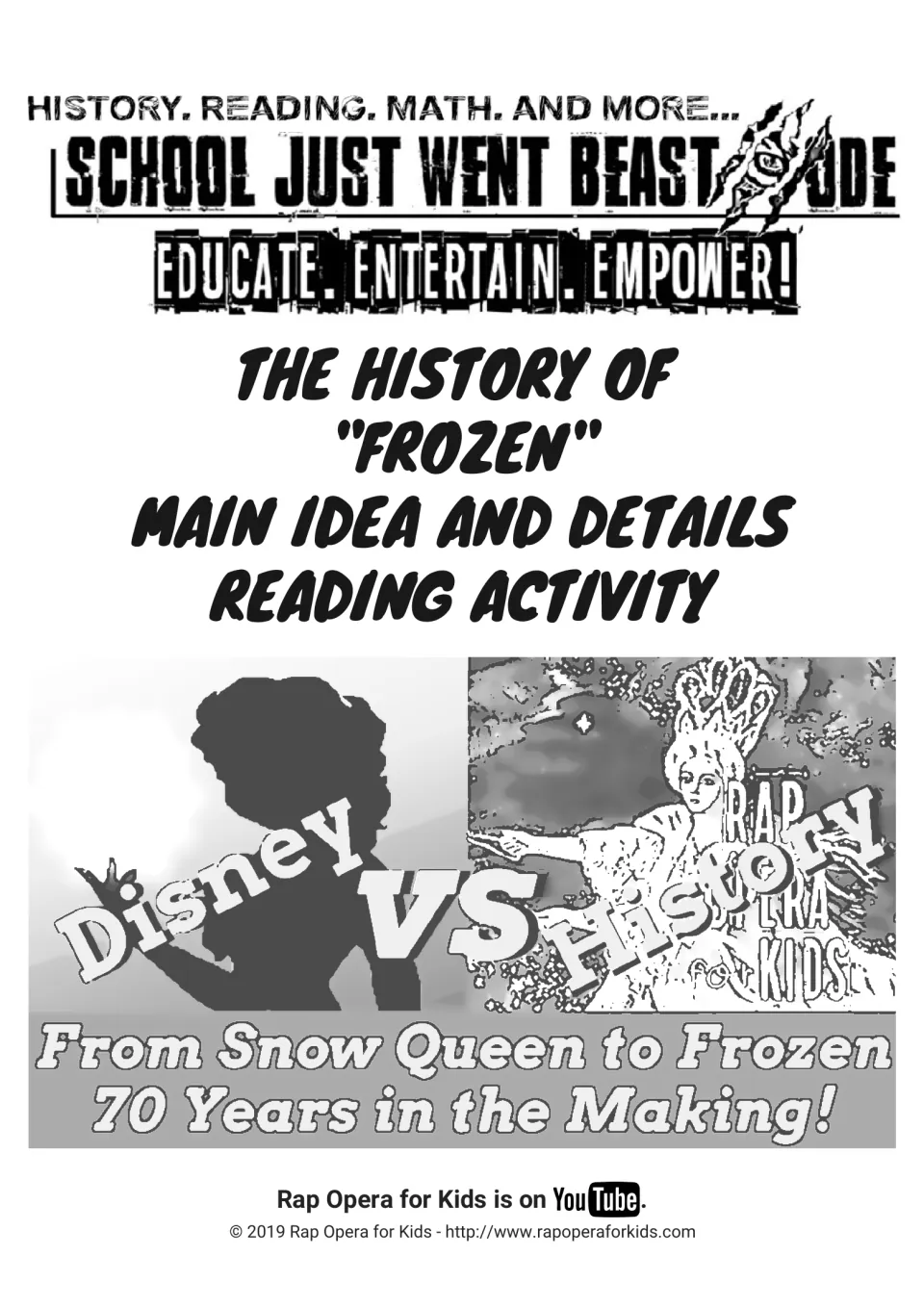 Cover: The History of "Frozen" main idea and details reading activity, with a Disney vs History Snow Queen banner