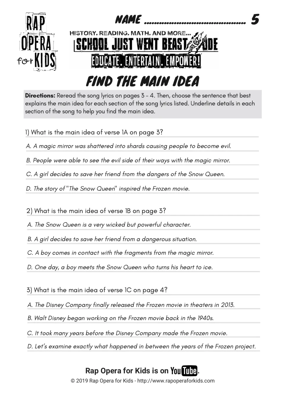 Find the main idea: three multiple-choice questions asking for the main idea of verses 1A, 1B and 1C of the song lyrics