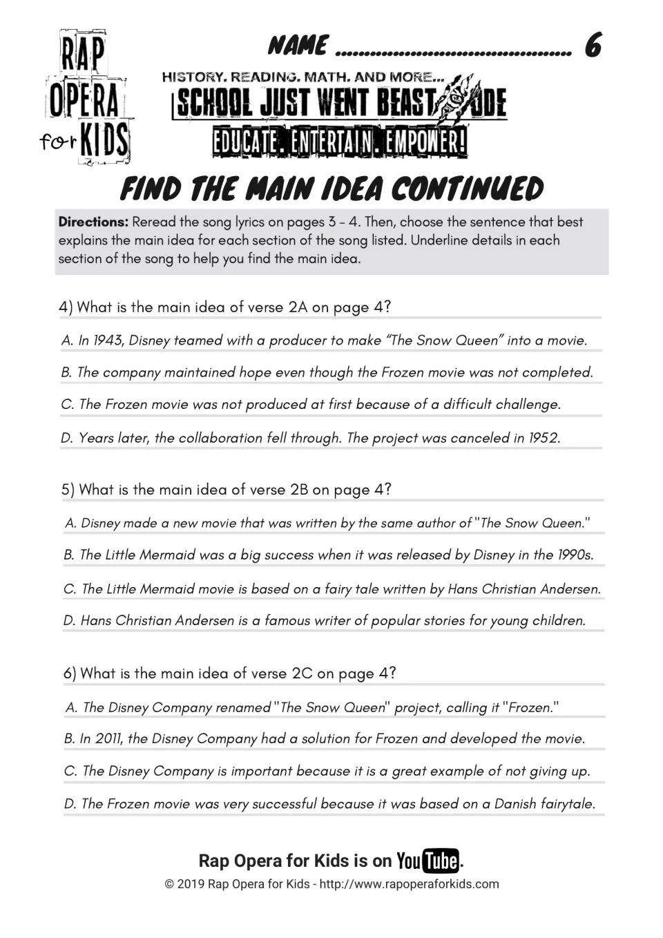 Find the main idea continued: multiple-choice questions 4 to 6 on the main idea of verses 2A, 2B and 2C, with underlining