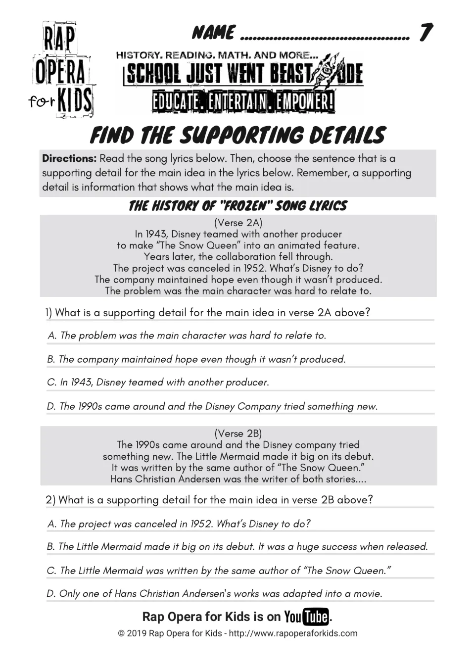 Find the supporting details: students reread verses 2A and 2B and choose which sentence supports each verse's main idea