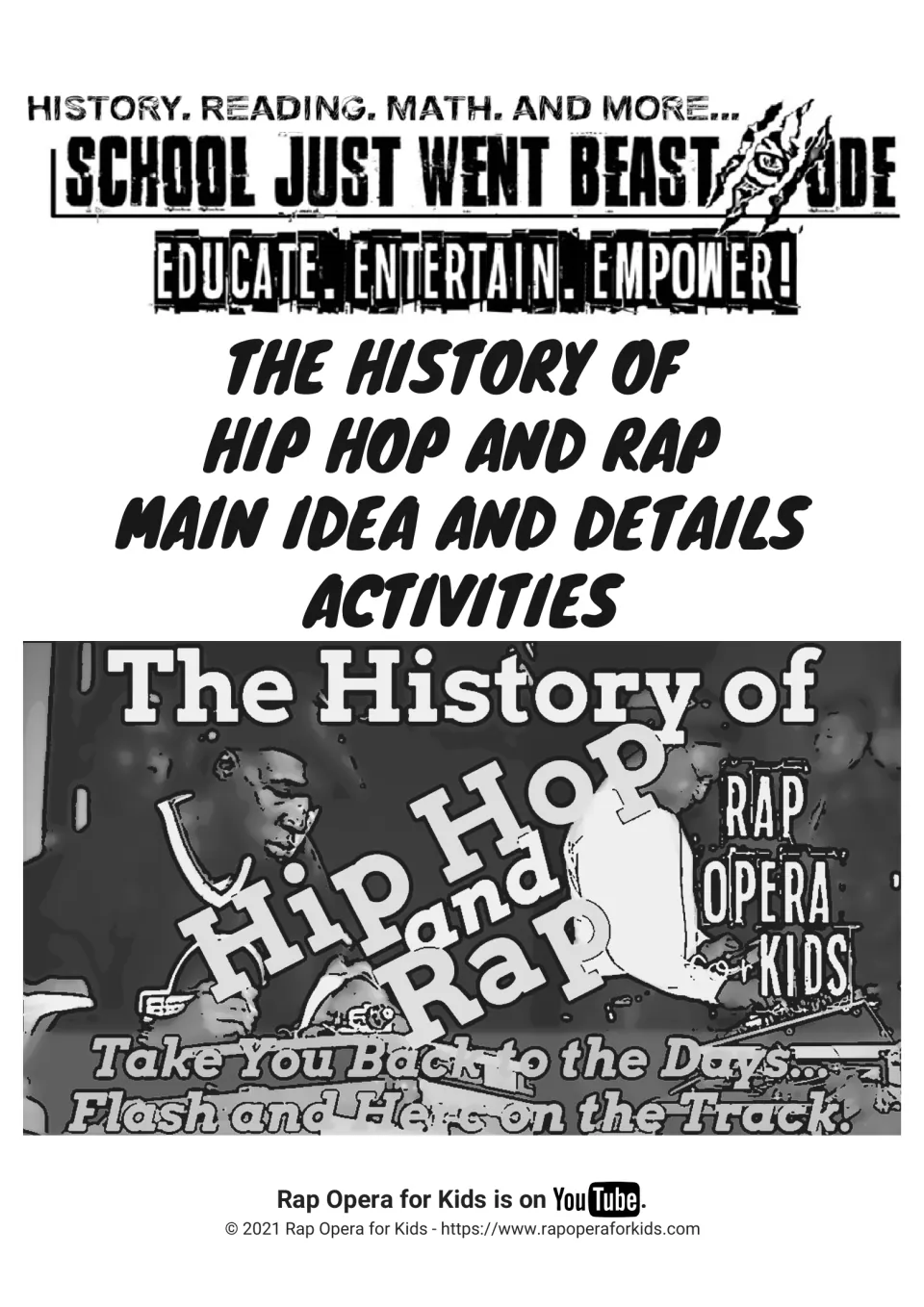 Cover: The History of Hip Hop and Rap main idea and details activities from Rap Opera for Kids, with a DJ graphic
