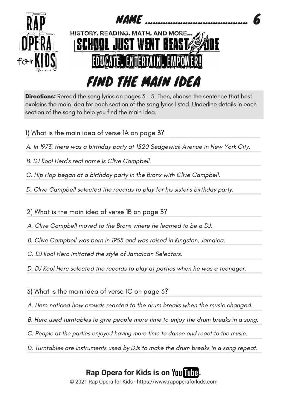 Find the main idea: three multiple-choice questions on verses 1A to 1C about Clive Campbell; students underline details