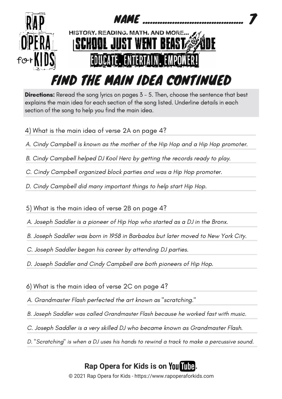 Find the main idea continued: multiple-choice questions 4 to 6 about Cindy Campbell, Joseph Saddler and scratching
