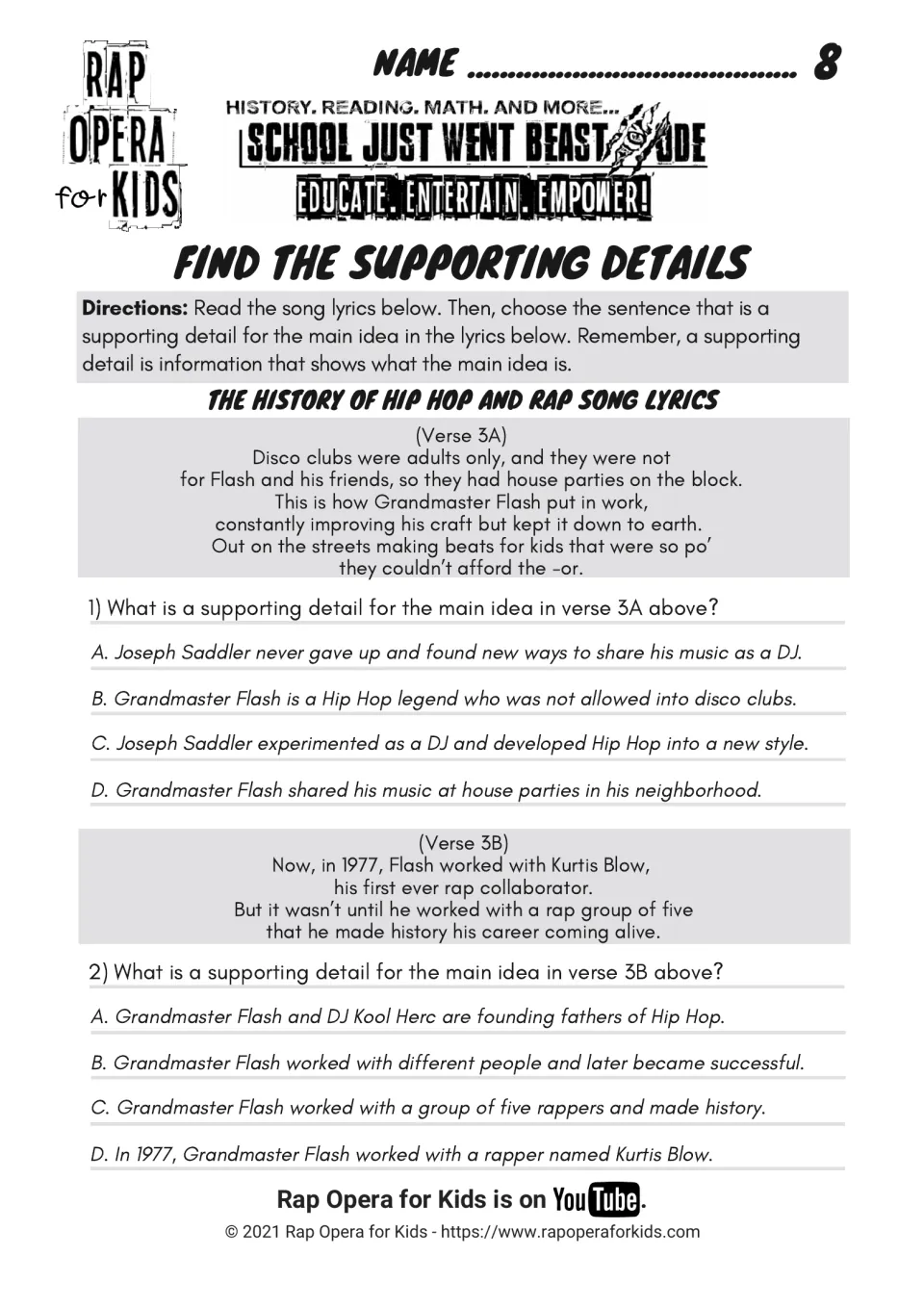 Find the supporting details: students read verses 3A and 3B and choose the option that supports each verse's main idea