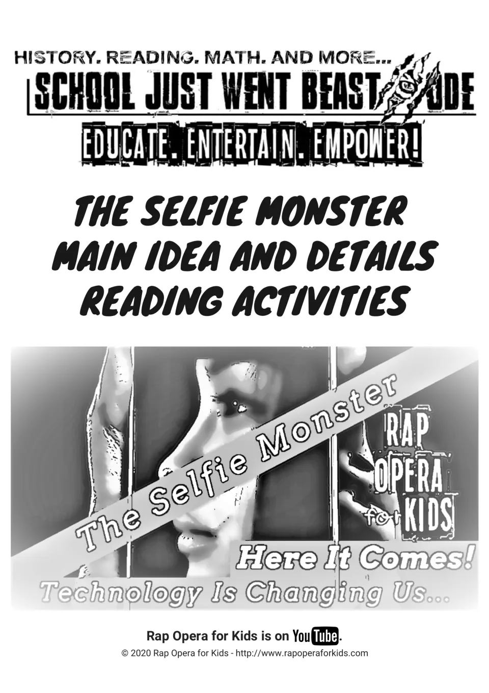 Cover for The Selfie Monster reading activities by Rap Opera for Kids, with a song art image of a girl's face