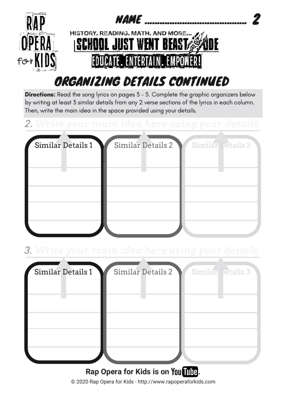 Organizing details continued: students list 3 similar details from 2 song verses, then write main ideas 2 and 3