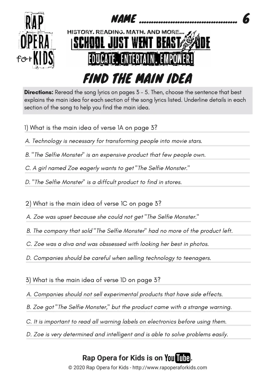 Find the main idea: 3 multiple-choice questions on verses 1A, 1C and 1D, with students underlining supporting details