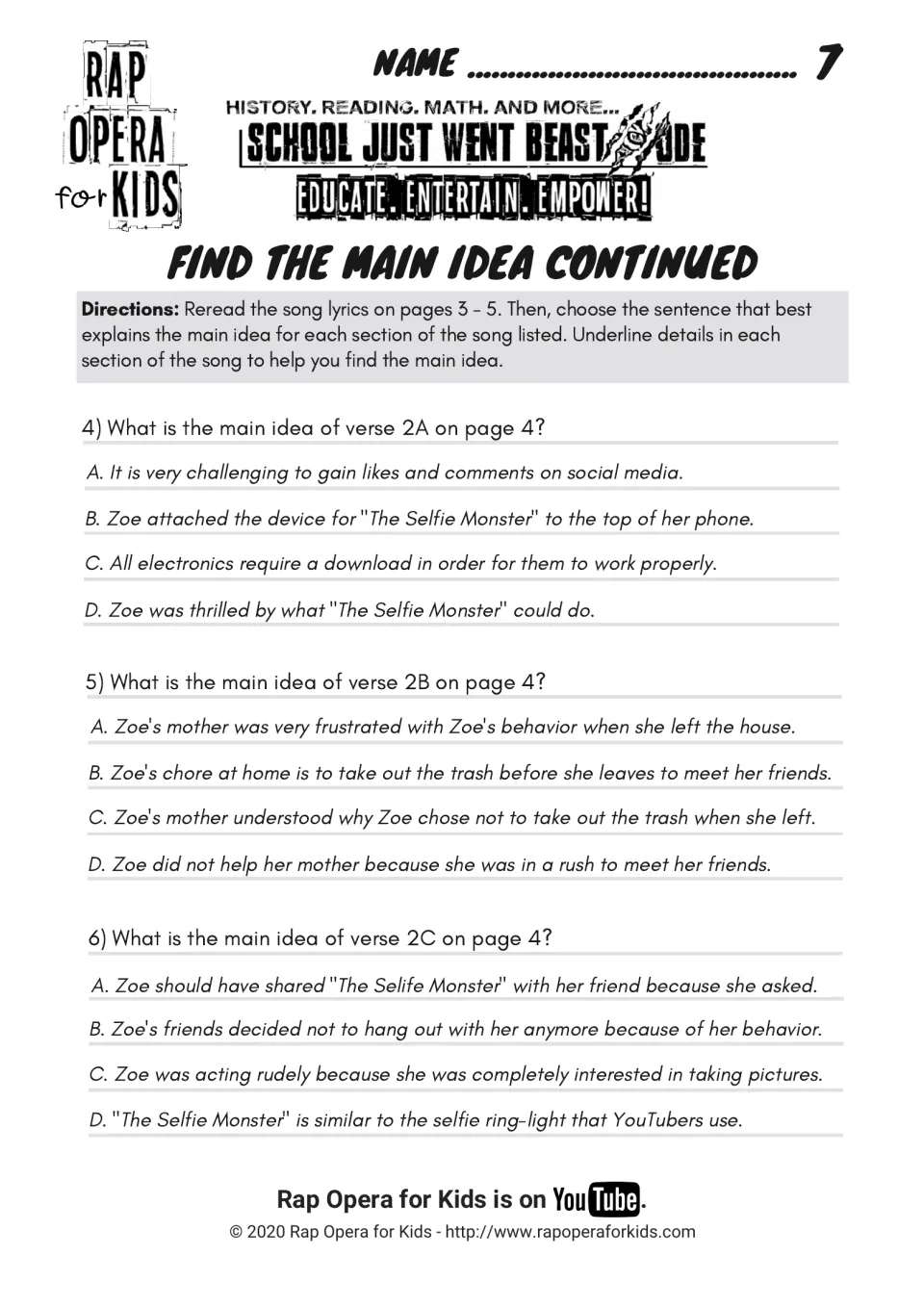 Find the main idea continued: multiple-choice questions 4 to 6 on verses 2A, 2B and 2C about Zoe's behavior