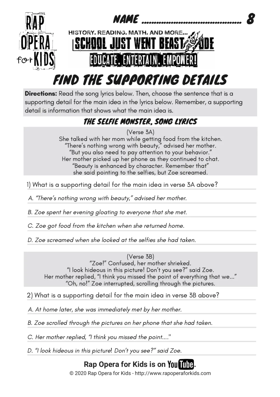Find the supporting details: students read verses 3A and 3B and pick the detail that supports each main idea