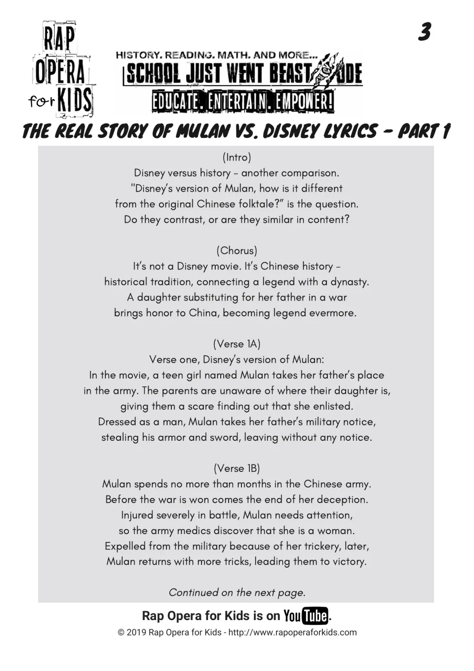 Rap lyrics part 1 comparing Disney's Mulan with the Chinese folktale; verses 1A and 1B tell of Mulan joining the army