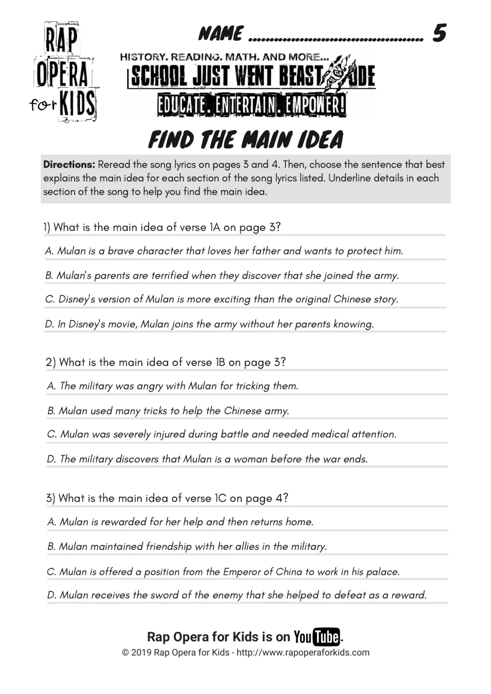Find the main idea: students underline details, then answer three multiple-choice questions on verses 1A, 1B and 1C