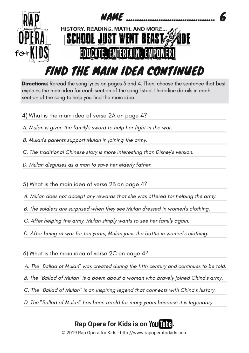 Find the main idea, continued: multiple-choice questions 4 to 6 on verses 2A, 2B and 2C about the Chinese ballad