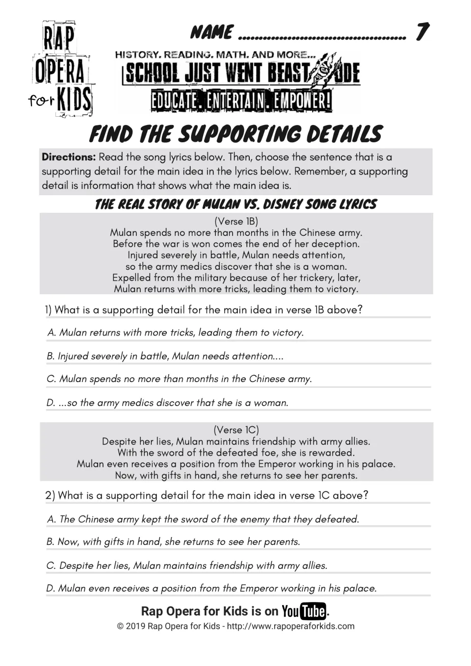 Find the supporting details: students read verses 1B and 1C and pick the sentence that supports each main idea