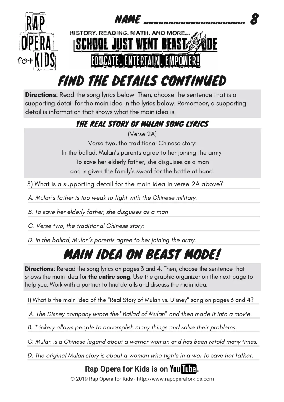 Supporting detail question on verse 2A, then Main Idea on Beast Mode!: partners choose the main idea of the whole song
