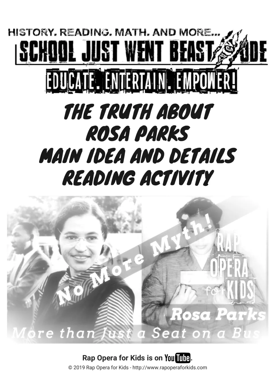 Cover: The Truth About Rosa Parks main idea and details reading activity, with photos of Parks and the line No More Myth!